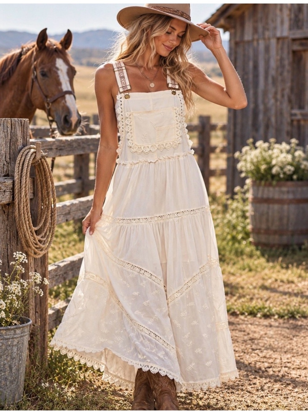 Ebossy XS NWT Bohemian Embroidered Cream Maxi Sundress Overalls
